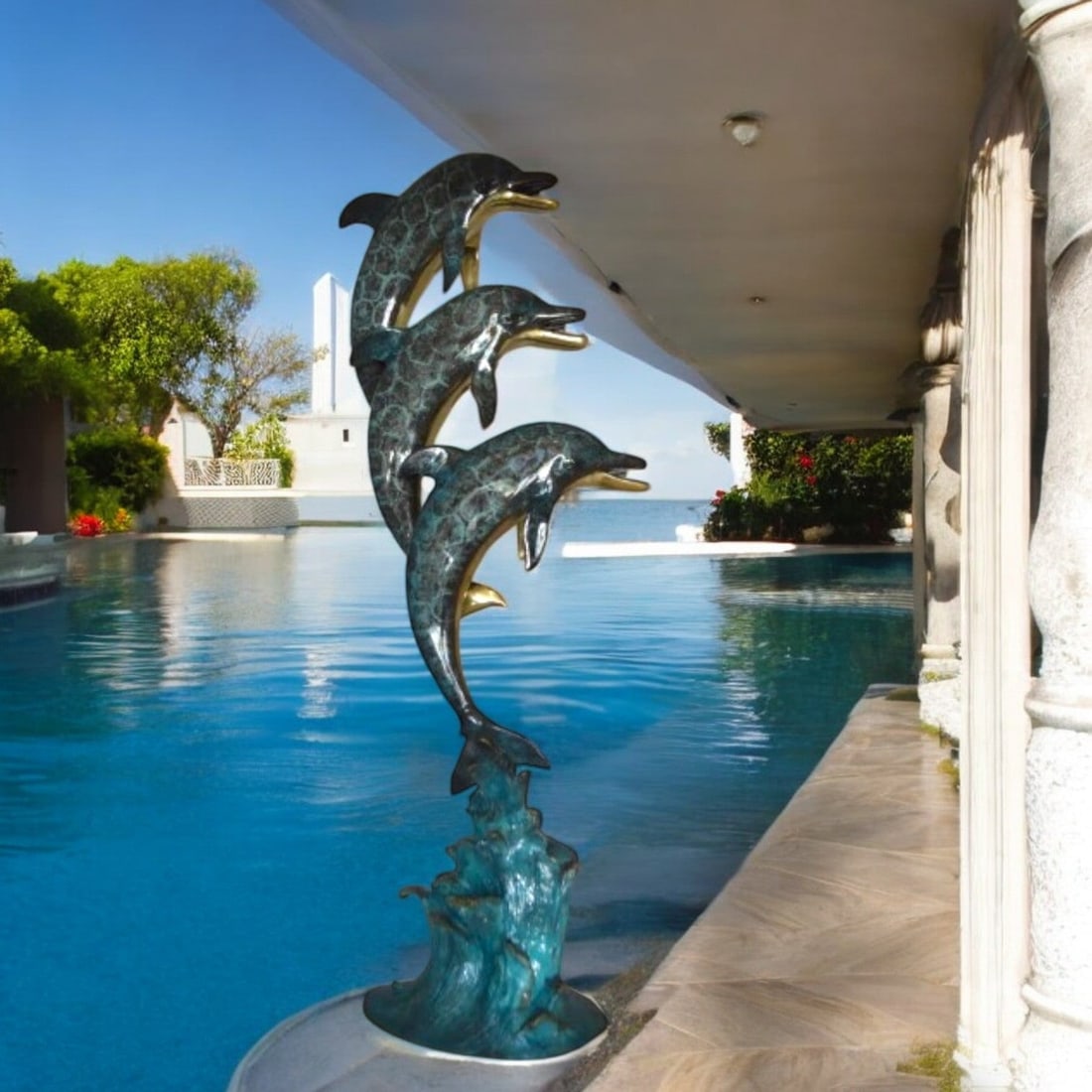 Three Dolphins Overreach Each Other Fountain Bronze Statue - 22"x 15"x 67"H. - 3