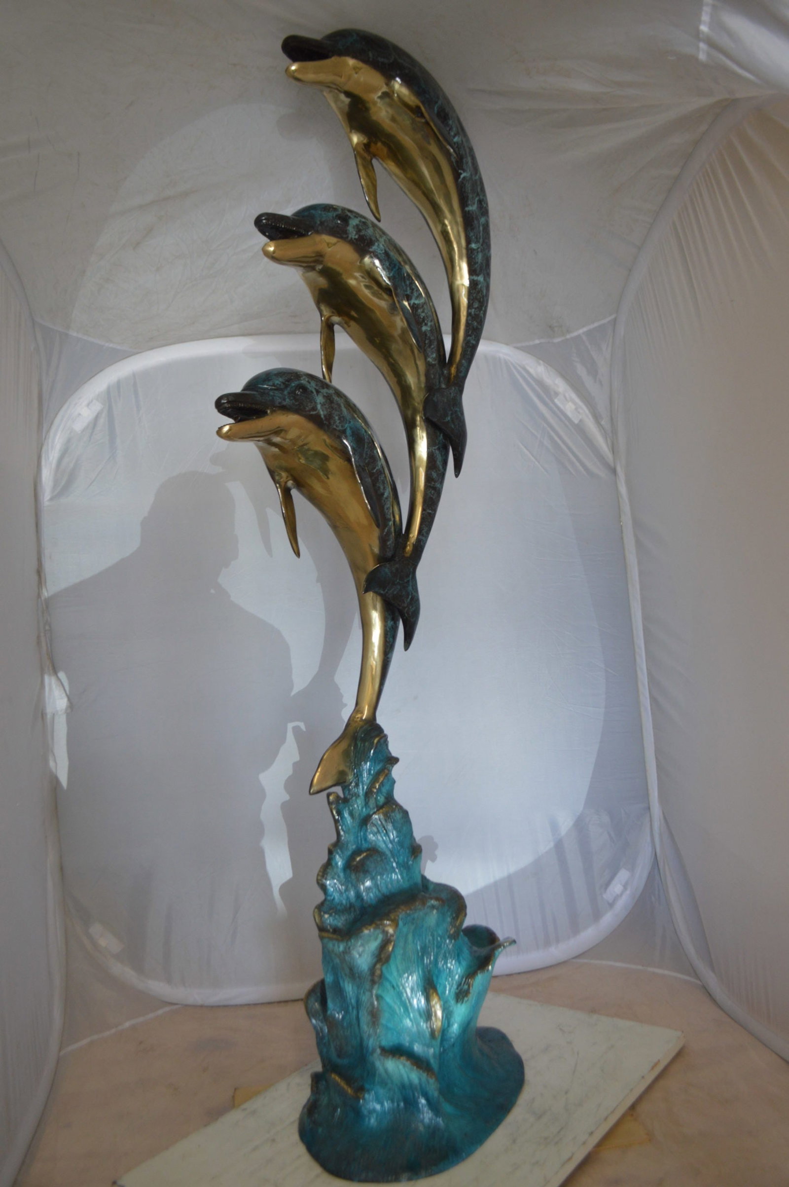 Three Dolphins Overreach Each Other Fountain Bronze Statue - 22"x 15"x 67"H. - 6