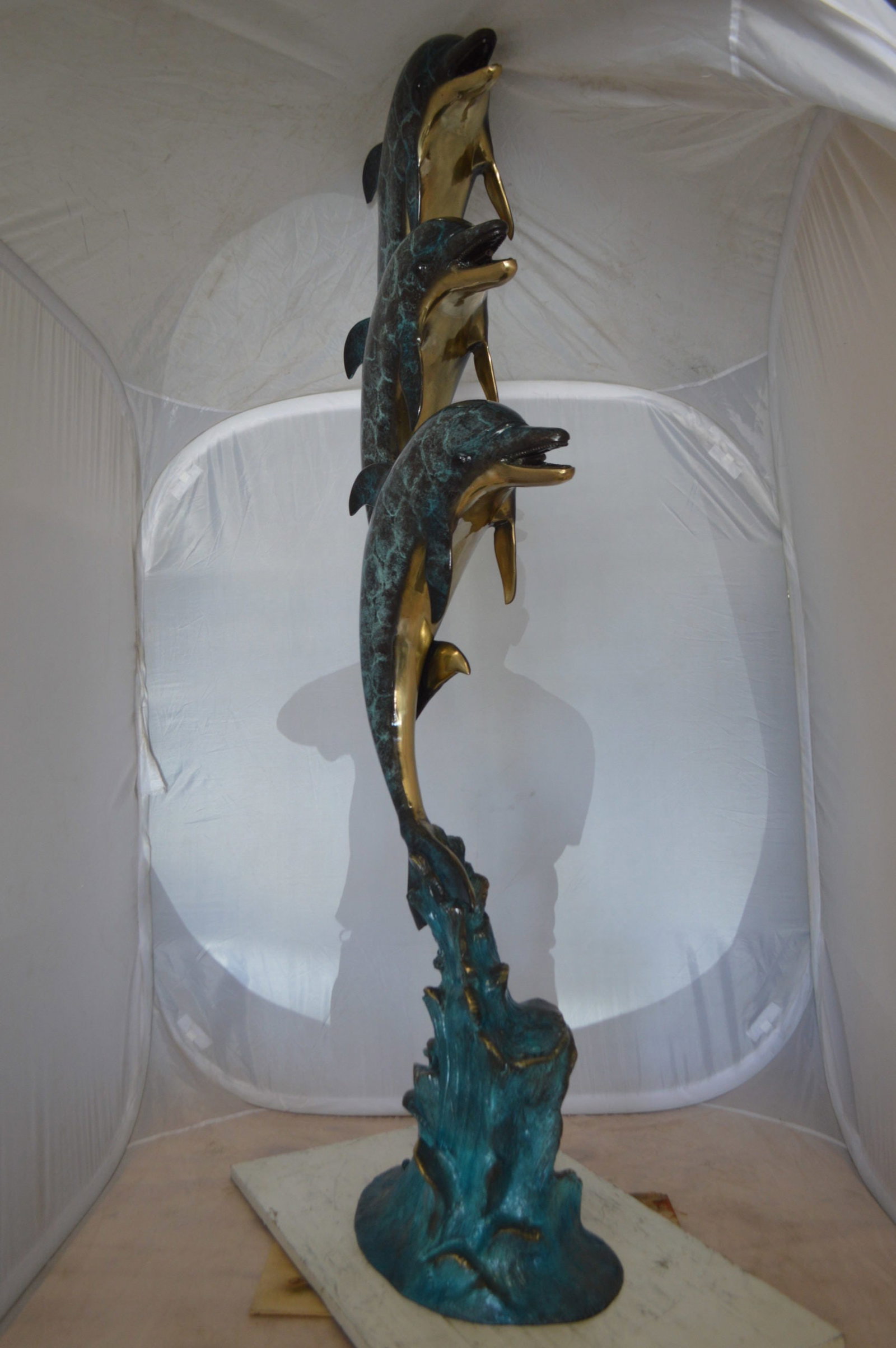 Three Dolphins Overreach Each Other Fountain Bronze Statue - 22"x 15"x 67"H. - 9