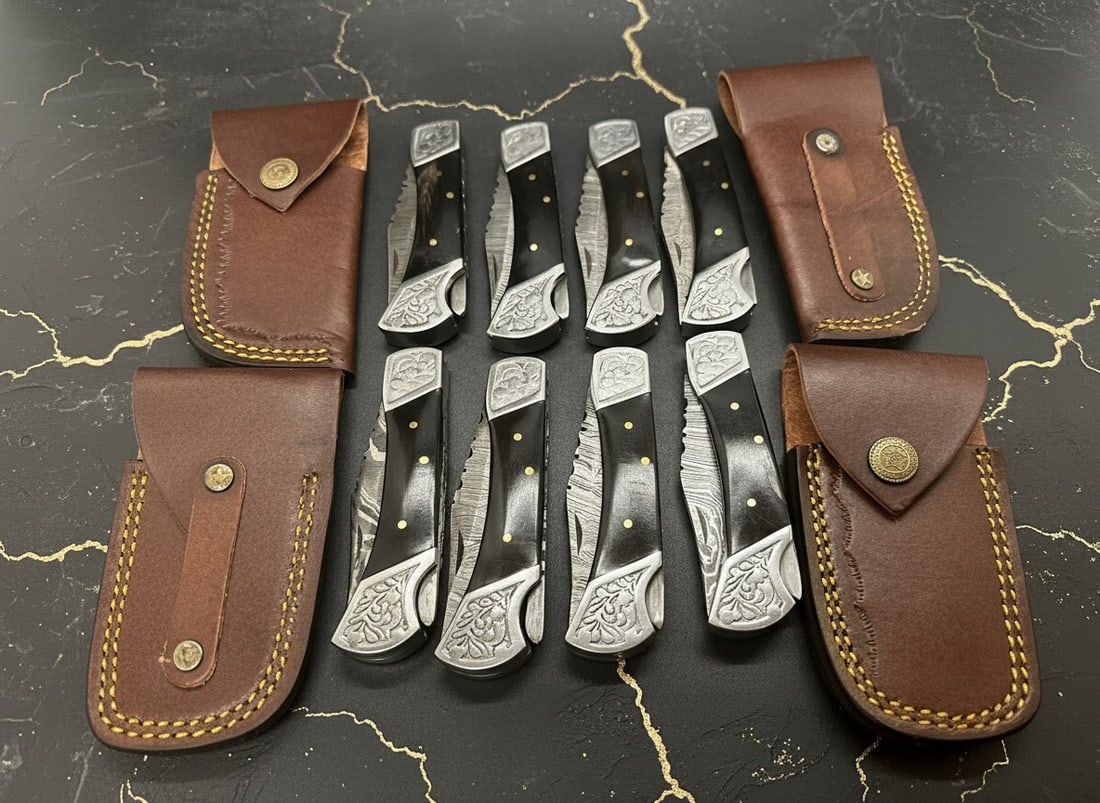 8 Damascus Steel Folding Pocket Knives Hand Forged Lockback w/ Sheath Set - 2