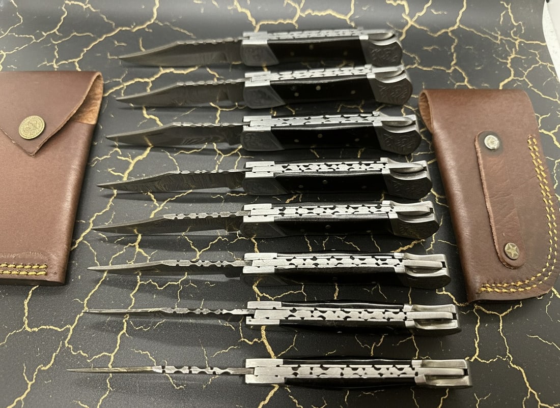 8 Damascus Steel Folding Pocket Knives Hand Forged Lockback w/ Sheath Set - 4