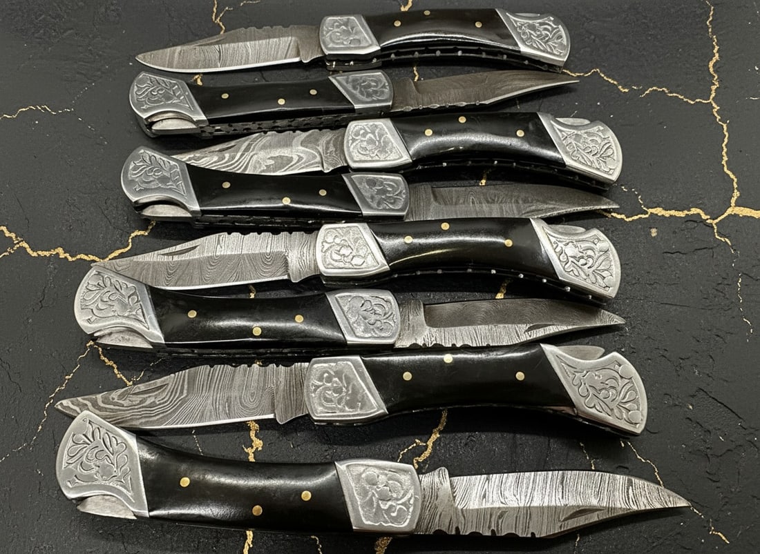 8 Damascus Steel Folding Pocket Knives Hand Forged Lockback w/ Sheath Set - 5