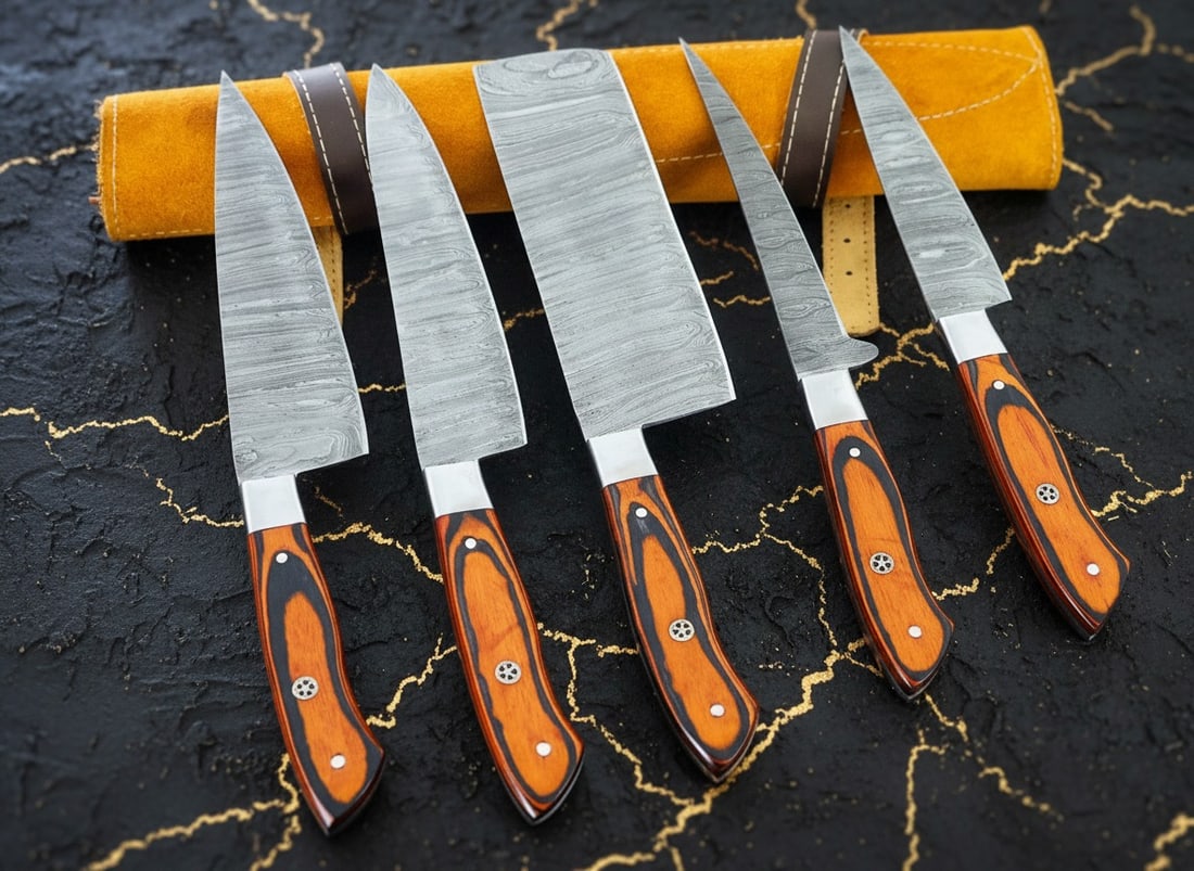 5Pc Professional Damascus Steel Kitchen Knife Set Hand Forged BBQ Cutlery Case: Title:5Pc Professional Damascus Steel Kitchen Knife Set Hand Forged BBQ Cutlery Case Description:This custom hand-forged Damascus steel hunting knife is designed for camping, skinning, and survival