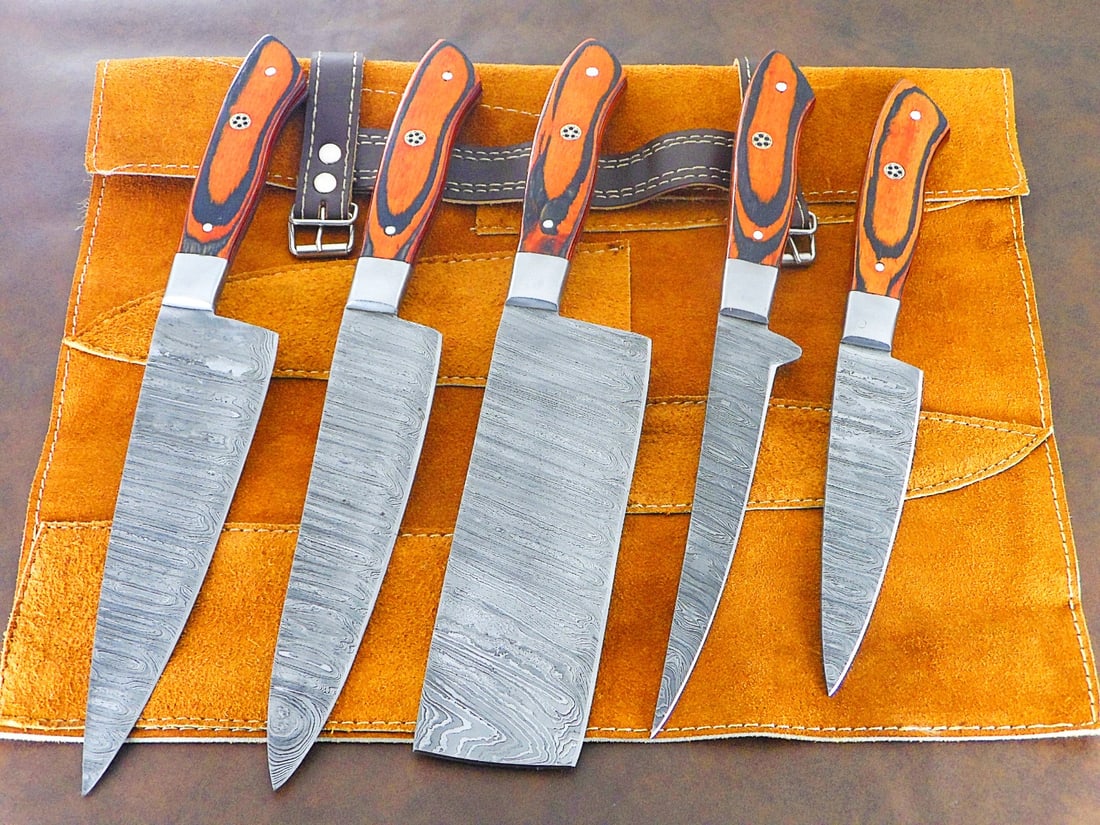 5Pc Professional Damascus Steel Kitchen Knife Set Hand Forged BBQ Cutlery Case - 3