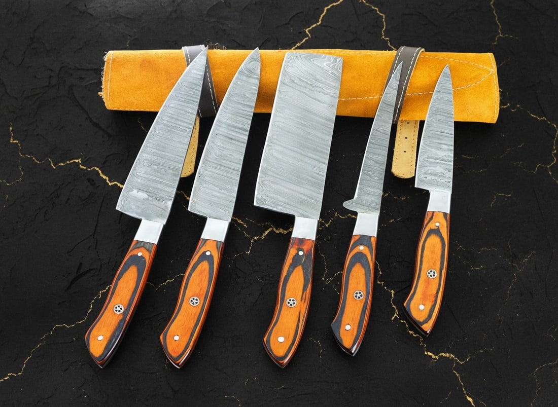5Pc Professional Damascus Steel Kitchen Knife Set Hand Forged BBQ Cutlery Case - 4