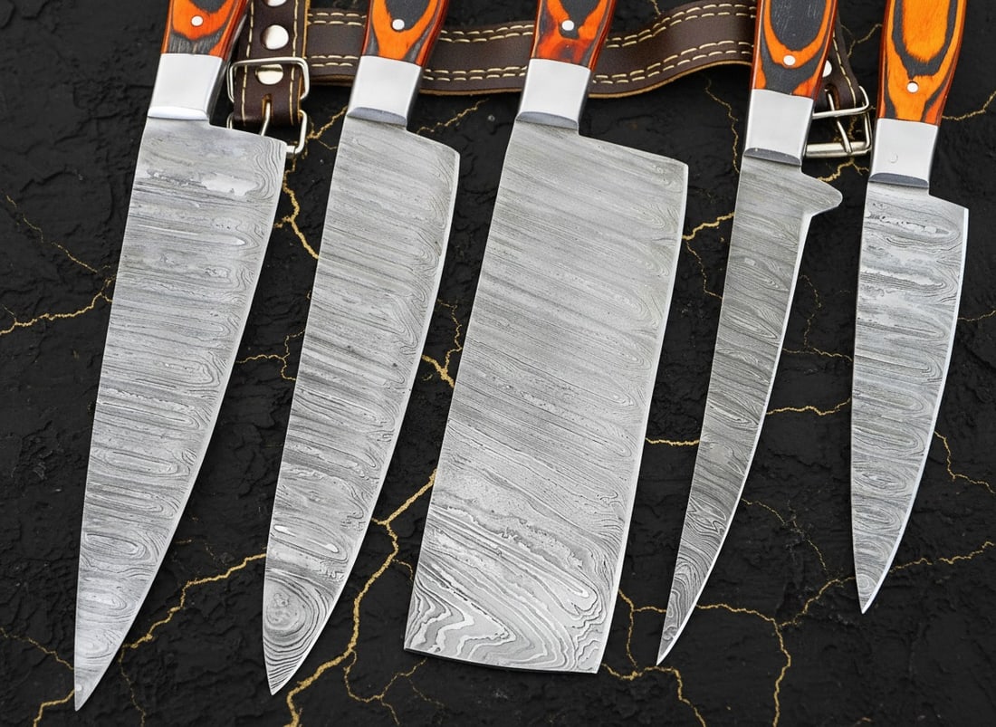 5Pc Professional Damascus Steel Kitchen Knife Set Hand Forged BBQ Cutlery Case - 5