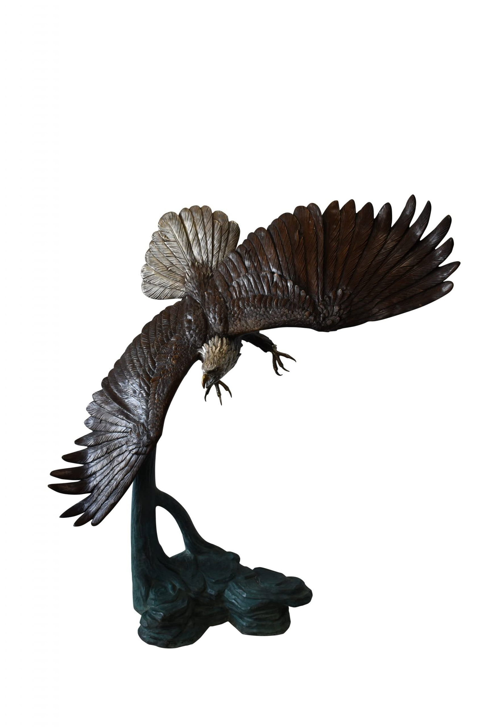 Giant Eagle in Action Looking for His Prey Bronze Statue Size: 78" x 28" x 74"H: Title:Giant Eagle in Action Looking for His Prey Bronze Statue Size: 78" x 28" x 74"H Description:This is a beautiful giant eagle cast in bronze with exquisite details from top to bottom. Perched on