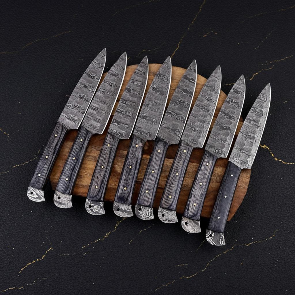 Twist Pattern Damascus Steel Steak Knife Set, 6pc Hand Forged Kitchen Cutlery - 4