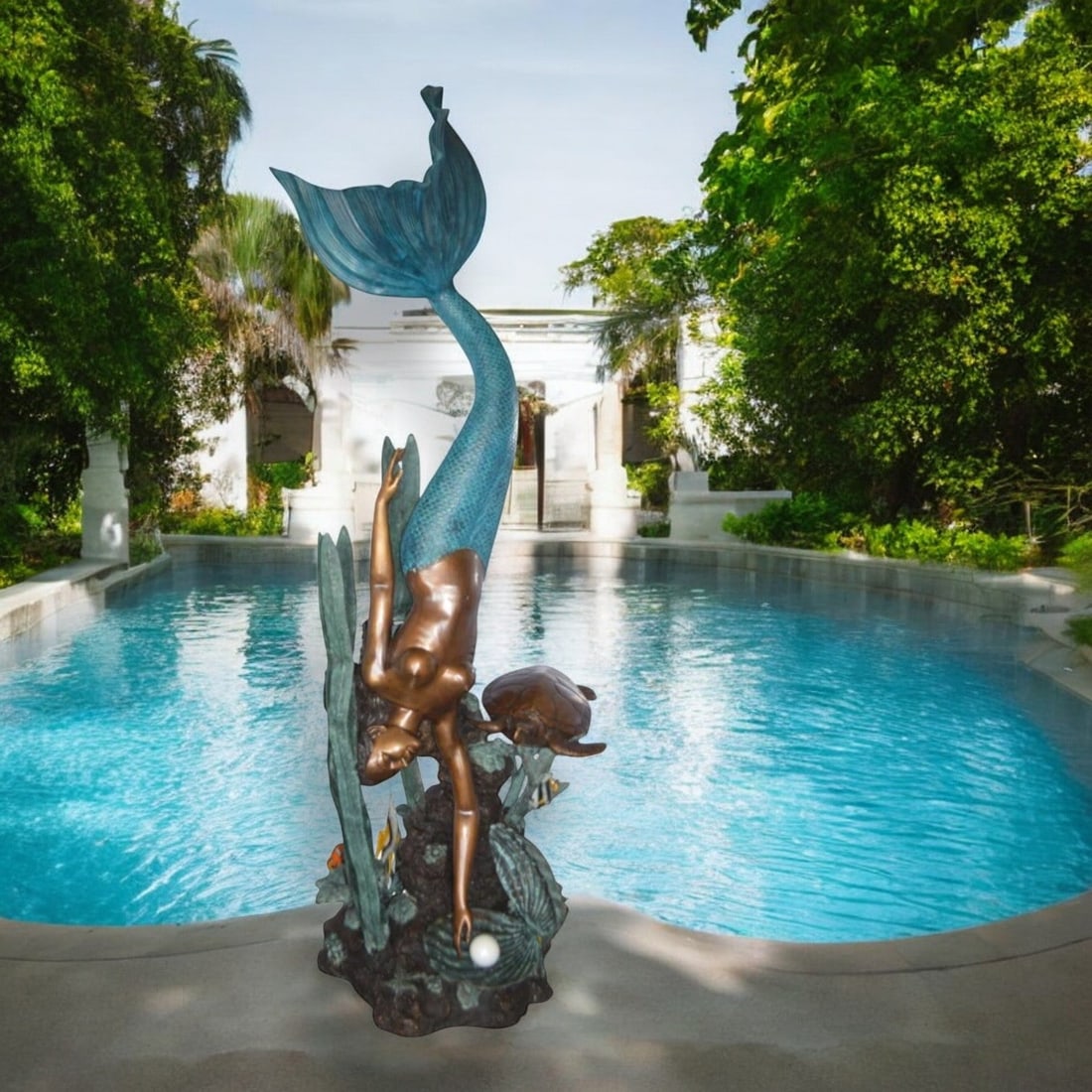Mermaid Diving for a Pearl Fountain Bronze Statue - Size: 34"L x 27"W x 93"H. - 2