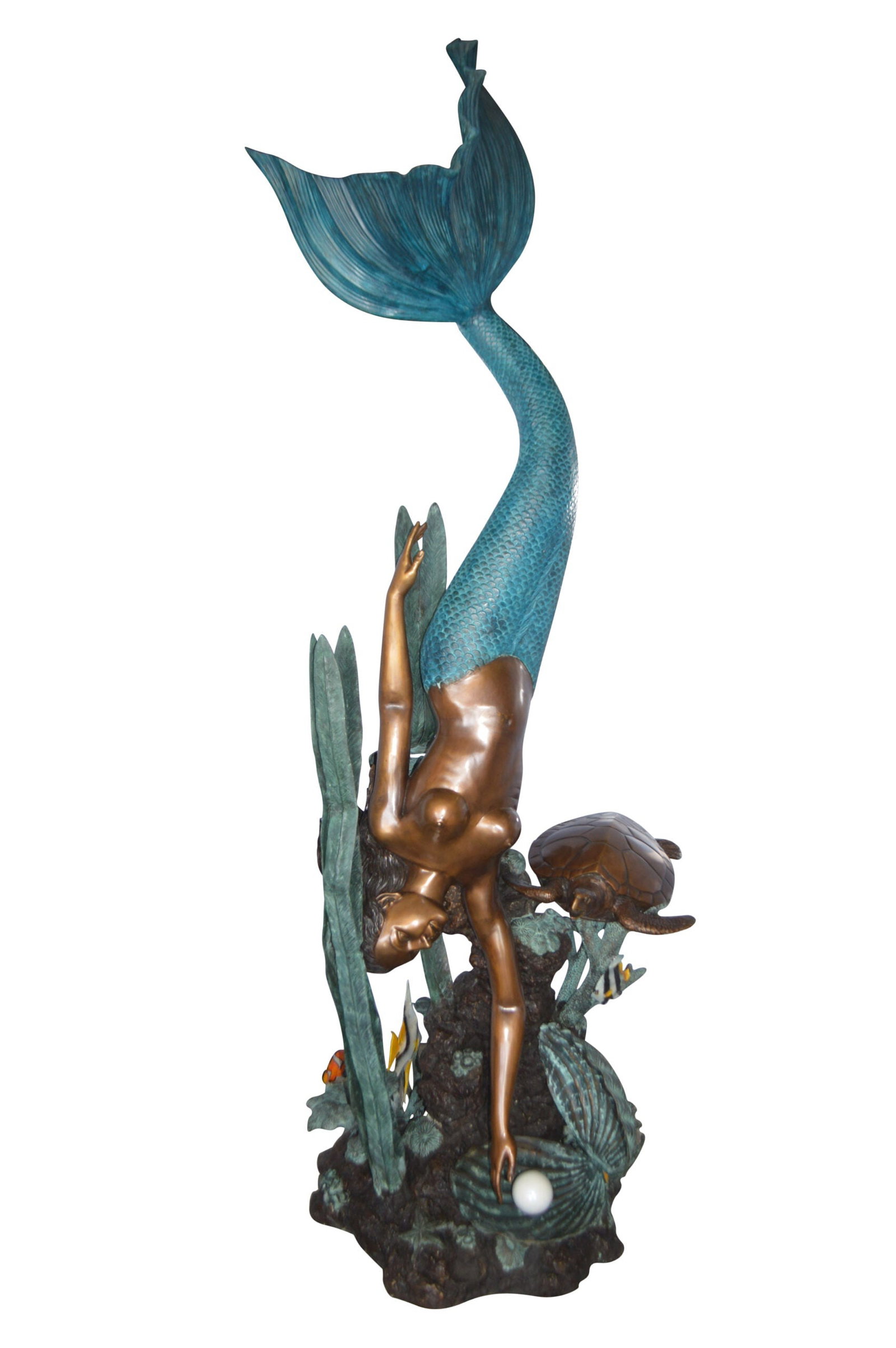 Mermaid Diving for a Pearl Fountain Bronze Statue - Size: 34"L x 27"W x 93"H. - 3