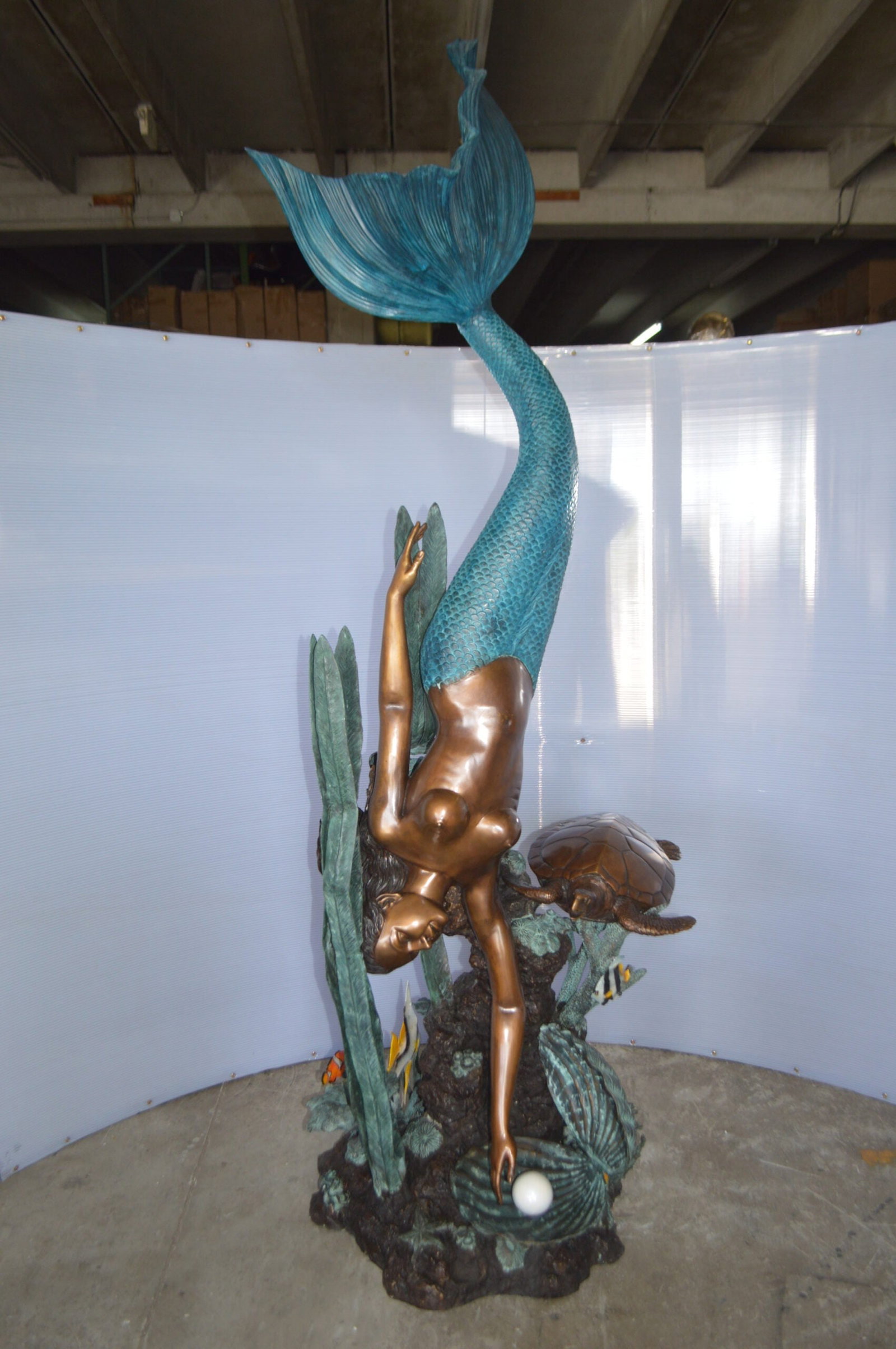 Mermaid Diving for a Pearl Fountain Bronze Statue - Size: 34"L x 27"W x 93"H. - 4