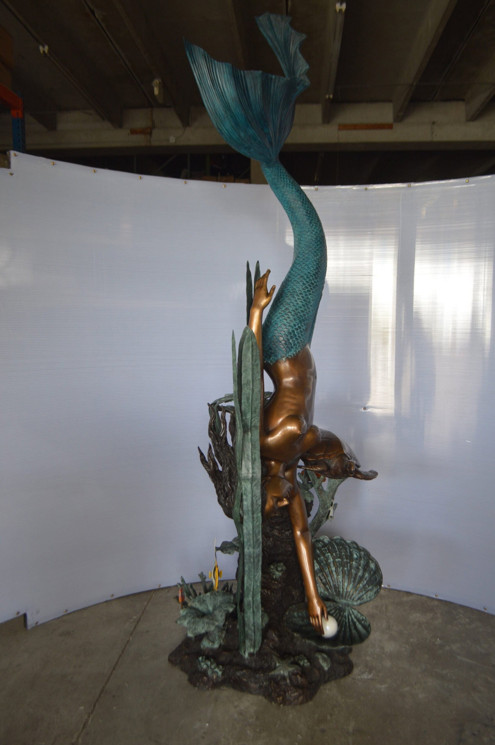 Mermaid Diving for a Pearl Fountain Bronze Statue - Size: 34"L x 27"W x 93"H. - 8