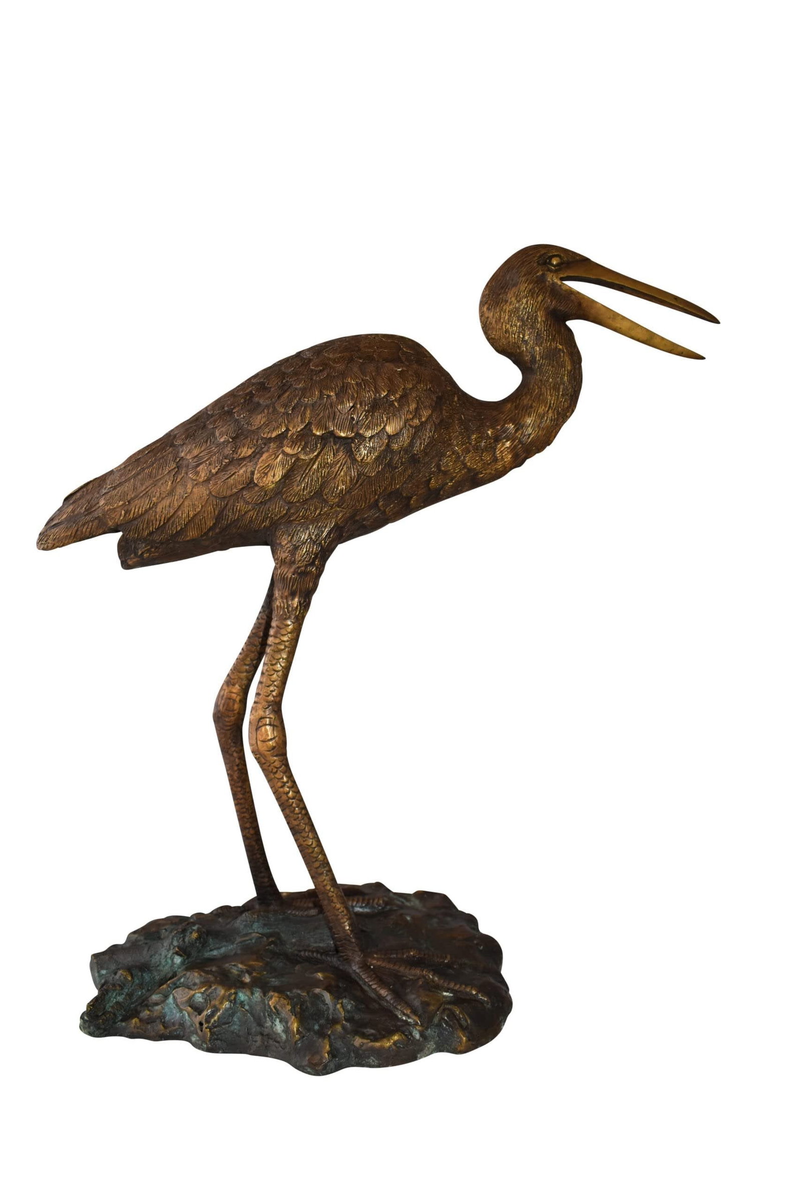 Great Blue Heron Brown Patina Bronze Statue Size: 25" x 15" x 25"H: Title:Great Blue Heron Brown Patina Bronze Statue Size: 25" x 15" x 25"H Description:Surprise your garden guests with this life size bronze fountain Statue of a heron standing. The sculpture was