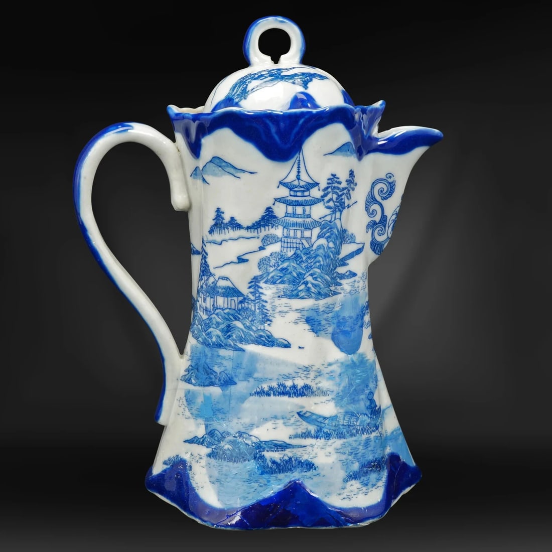 19th C English Flow Blue Chocolate Pot w/ Pagoda (1 of 13)
