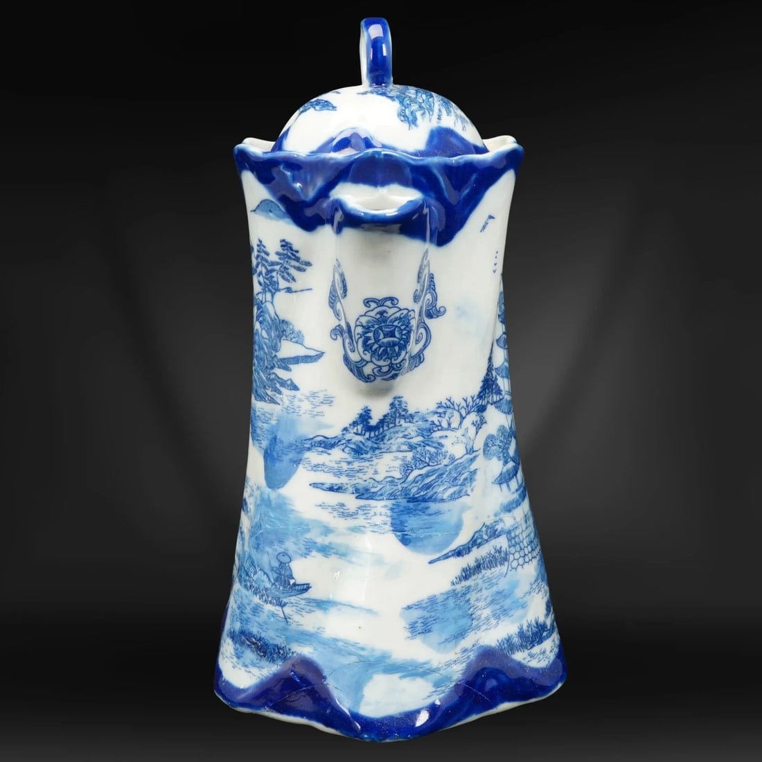 19th C English Flow Blue Chocolate Pot w/ Pagoda - 3