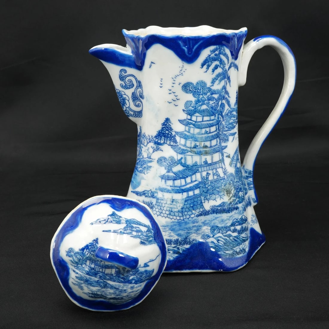 19th C English Flow Blue Chocolate Pot w/ Pagoda - 4