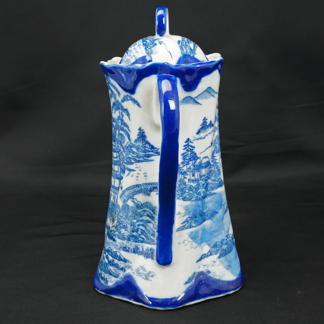 19th C English Flow Blue Chocolate Pot w/ Pagoda - 5