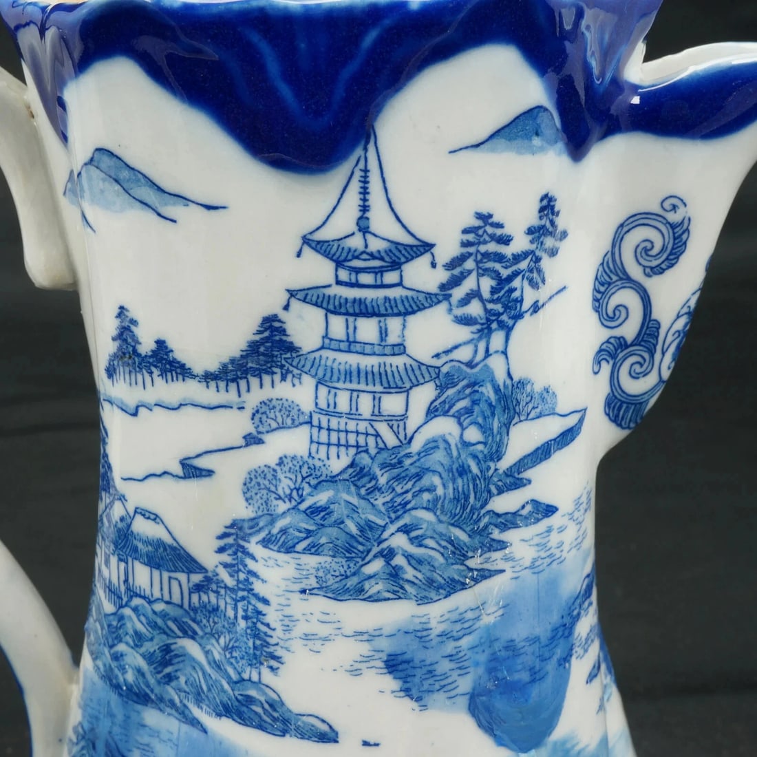 19th C English Flow Blue Chocolate Pot w/ Pagoda - 8