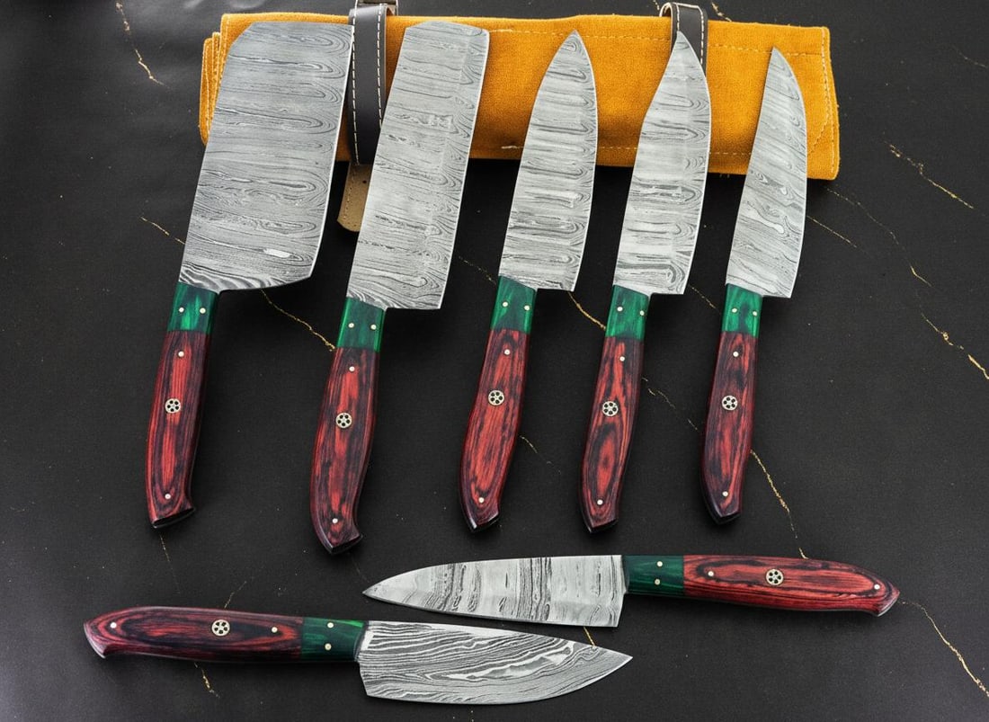 Hand Forged Damascus Steel Chef Knife Set 7-Piece with Pakkawood Handles & Sheath - 3