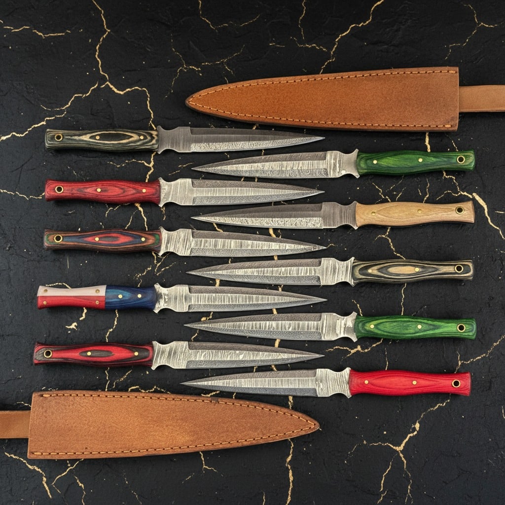 10pc Damascus Steel Dagger Knives Tactical Fixed Blade Hardwood Handle Set: Title:10pc Damascus Steel Dagger Knives Tactical Fixed Blade Hardwood Handle Set Description:This handmade Damascus hunting dagger is designed for precision and reliability in the field. The blade is