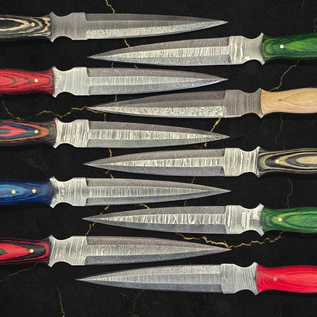 10pc Damascus Steel Dagger Knives Tactical Fixed Blade Hardwood Handle Set - 2