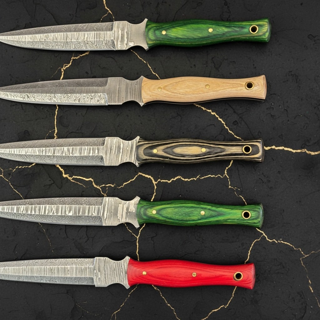 10pc Damascus Steel Dagger Knives Tactical Fixed Blade Hardwood Handle Set - 4