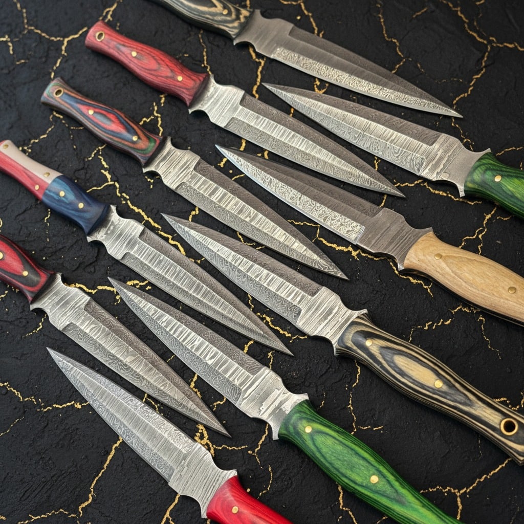 10pc Damascus Steel Dagger Knives Tactical Fixed Blade Hardwood Handle Set - 5