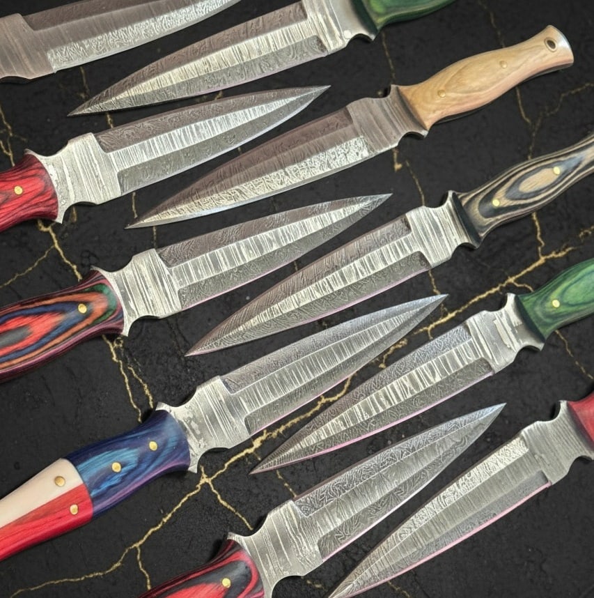 10pc Damascus Steel Dagger Knives Tactical Fixed Blade Hardwood Handle Set - 6