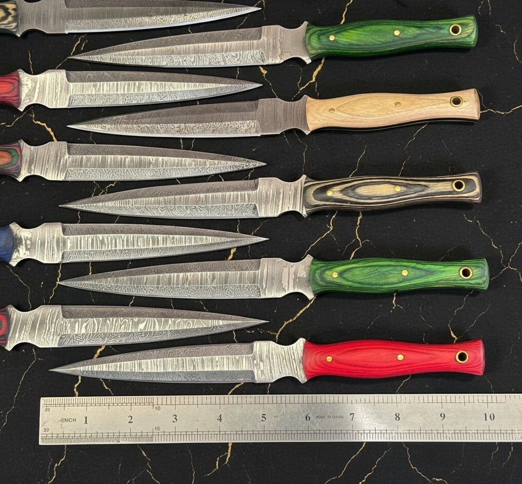 10pc Damascus Steel Dagger Knives Tactical Fixed Blade Hardwood Handle Set - 7