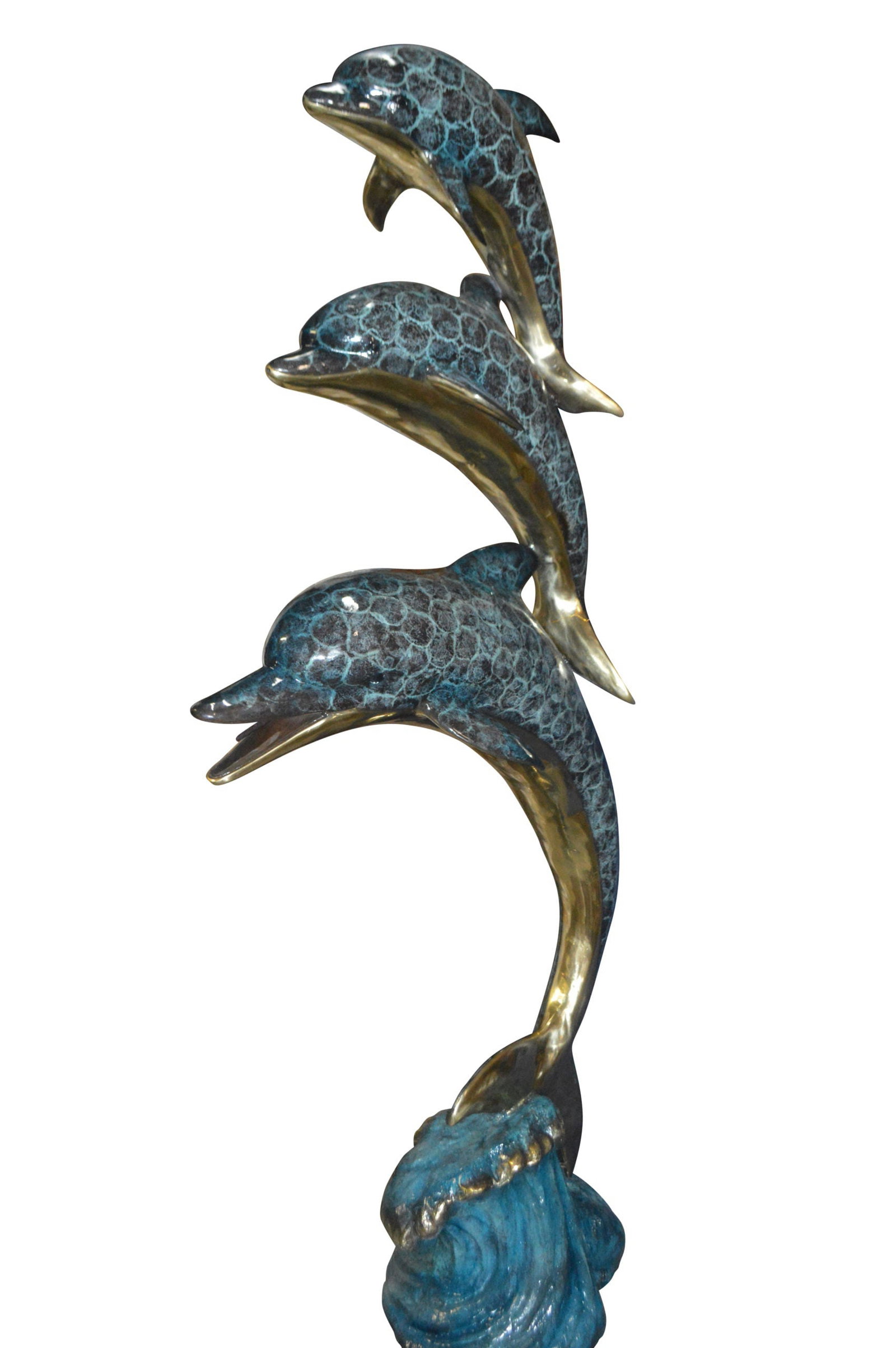 Three Dolphins Overreach Others Bronze Statue - Size: 28"L x 22"W x 89"H.: Title:Three Dolphins Overreach Others Bronze Statue - Size: 28"L x 22"W x 89"H. Description:Surprise your garden guests with this large size outdoor Bronze fountain Statue of three Dolphins jumping