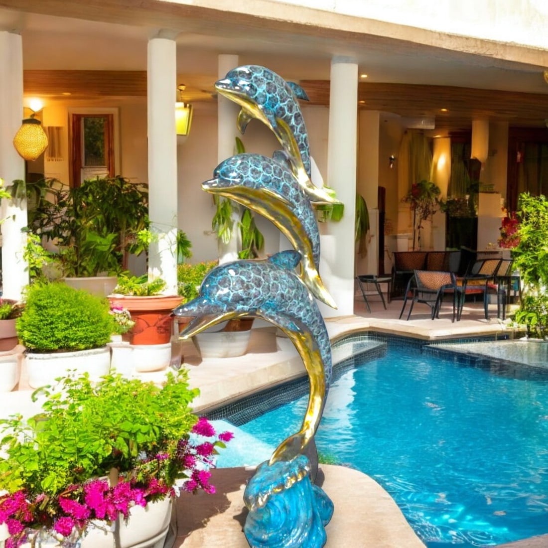 Three Dolphins Overreach Others Bronze Statue - Size: 28"L x 22"W x 89"H. - 2