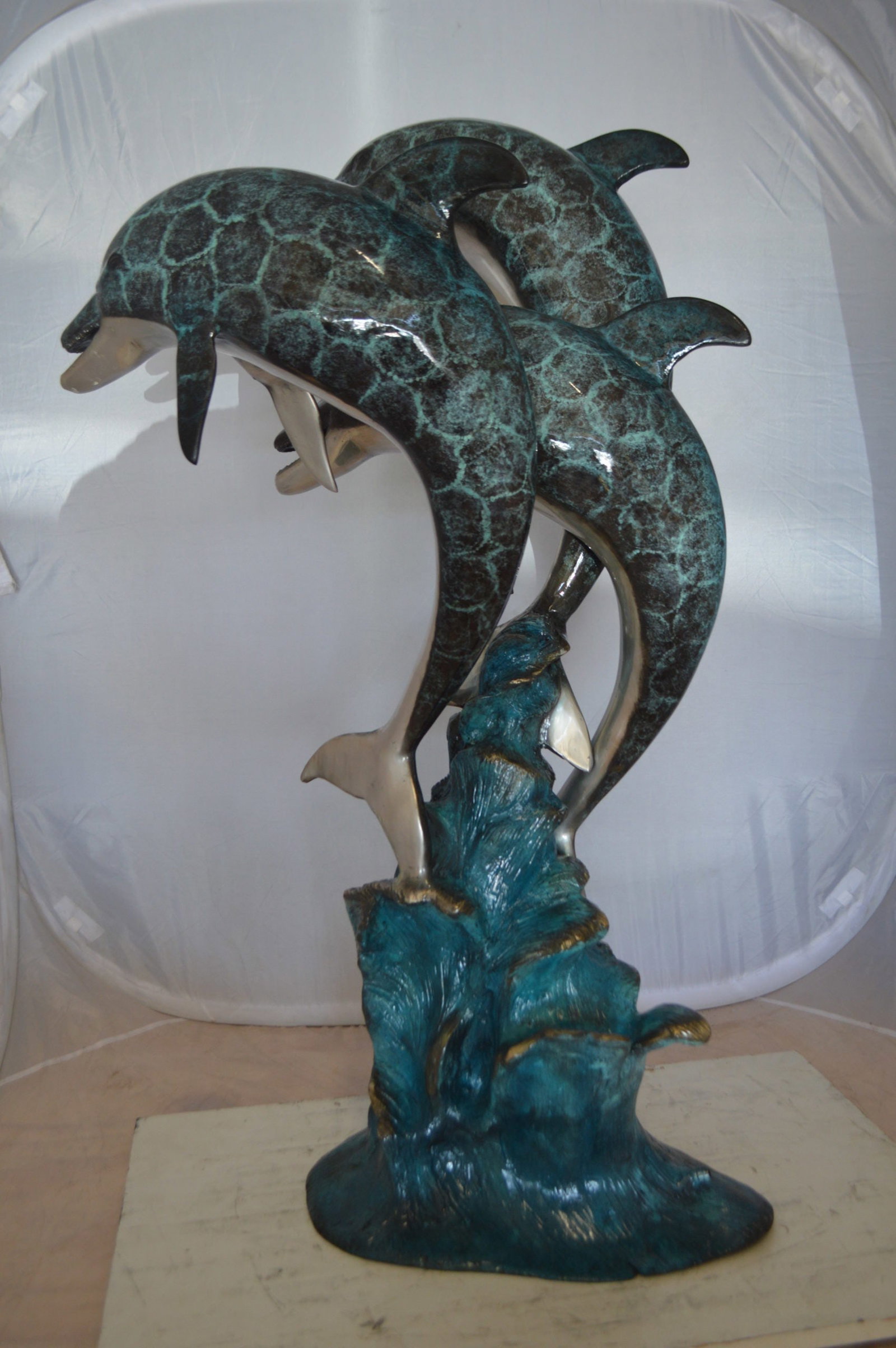Three Dolphin Fountain Bronze Statue - Size: 21"L x 26"W x 45"H. - 10