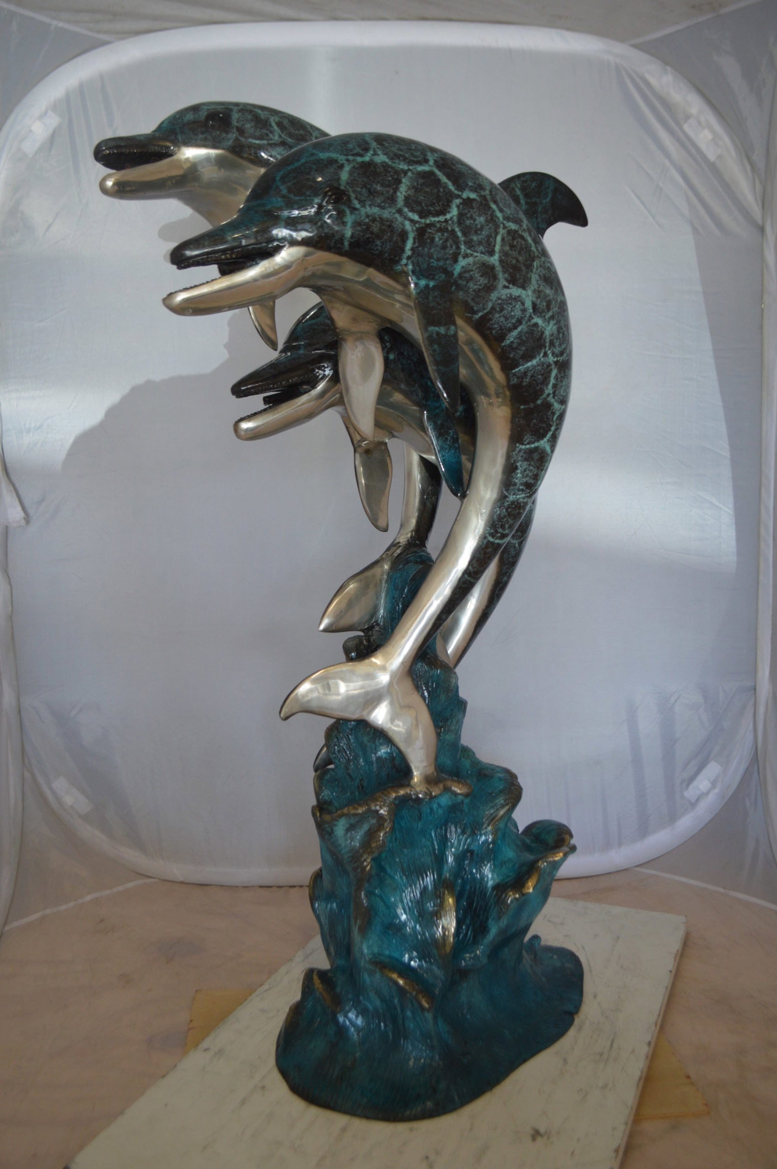 Three Dolphin Fountain Bronze Statue - Size: 21"L x 26"W x 45"H. - 11