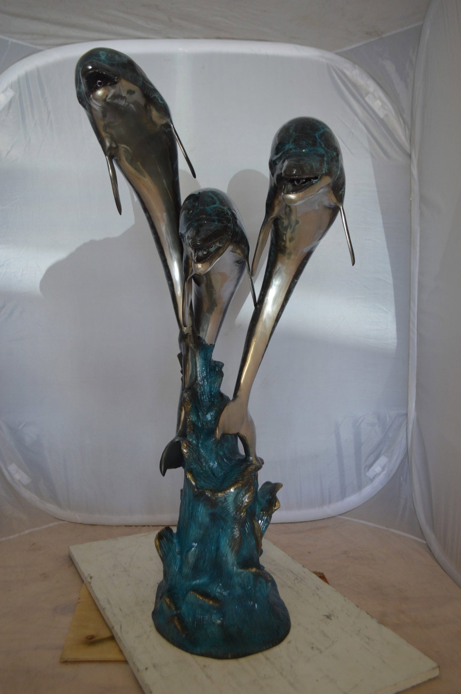 Three Dolphin Fountain Bronze Statue - Size: 21"L x 26"W x 45"H. - 12