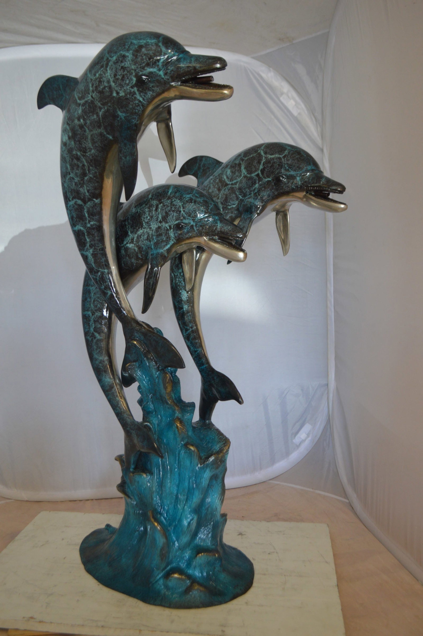 Three Dolphin Fountain Bronze Statue - Size: 21"L x 26"W x 45"H. - 13