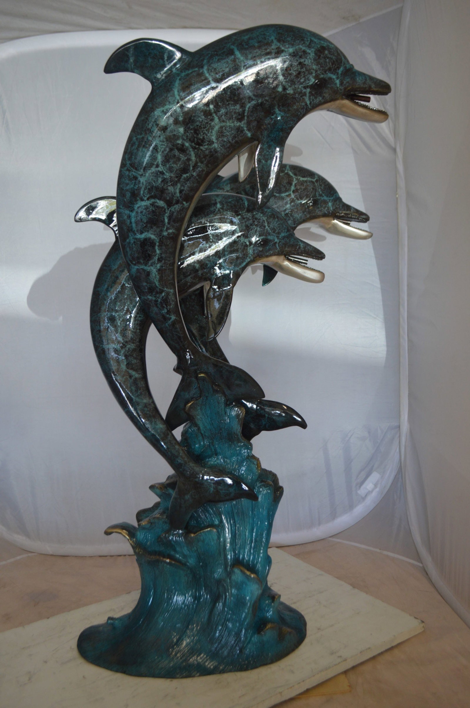 Three Dolphin Fountain Bronze Statue - Size: 21"L x 26"W x 45"H. - 14