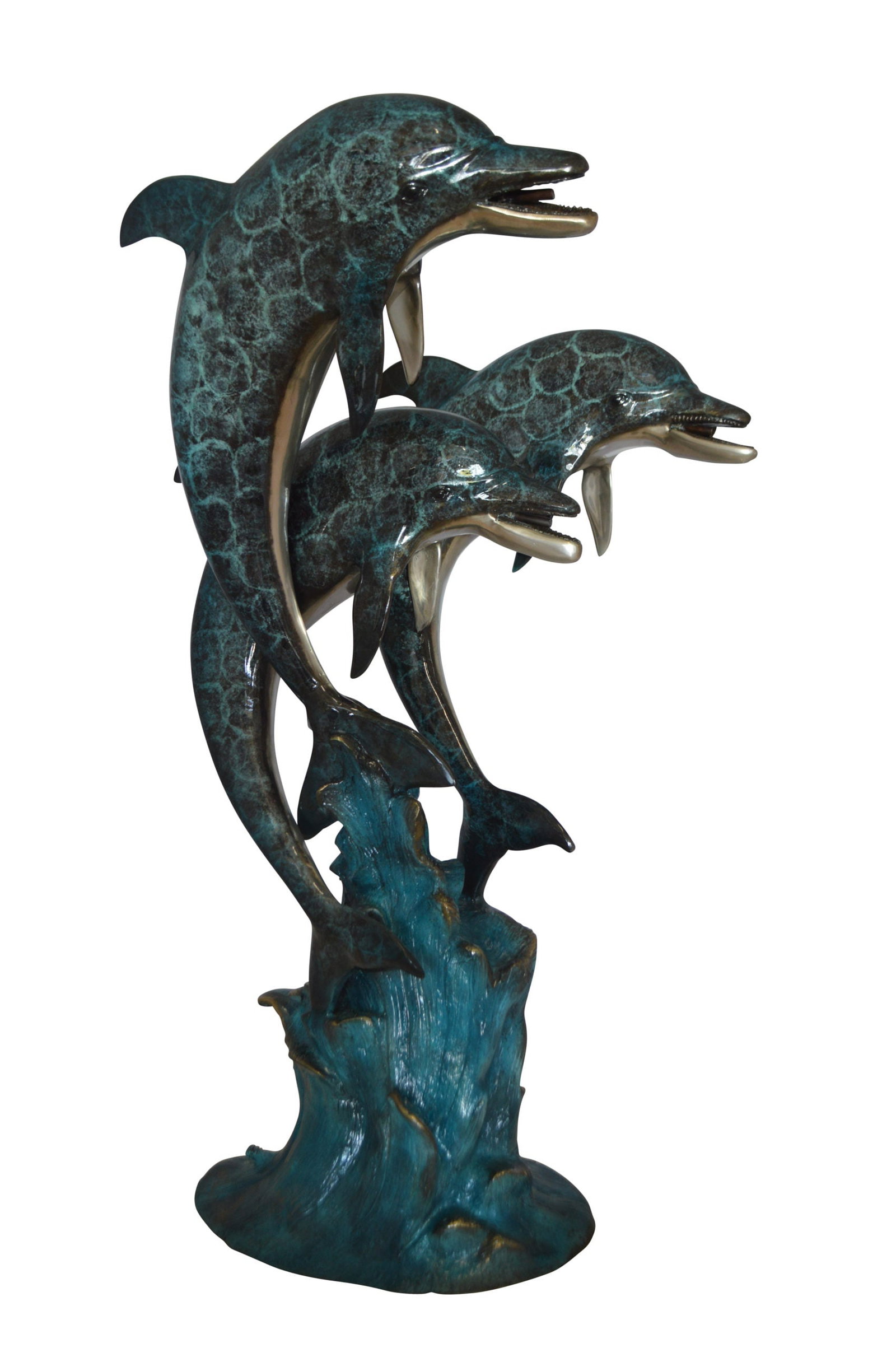 Three Dolphin Fountain Bronze Statue - Size: 21"L x 26"W x 45"H.: Title:Three Dolphin Fountain Bronze Statue - Size: 21"L x 26"W x 45"H. Description:Surprise your garden guests with this large size outdoor Bronze fountain Statue of three Dolphins jumping out of the