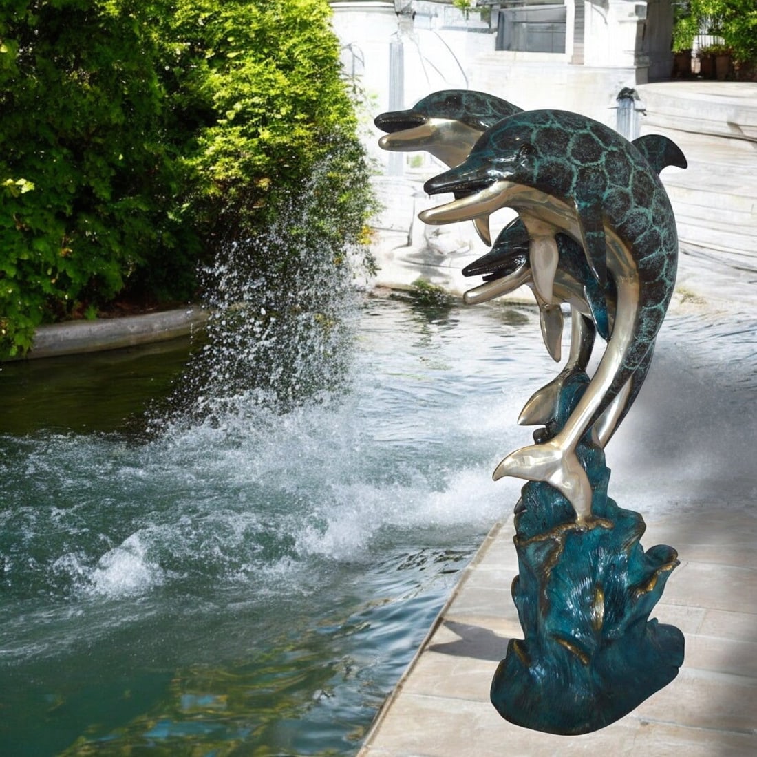 Three Dolphin Fountain Bronze Statue - Size: 21"L x 26"W x 45"H. - 2