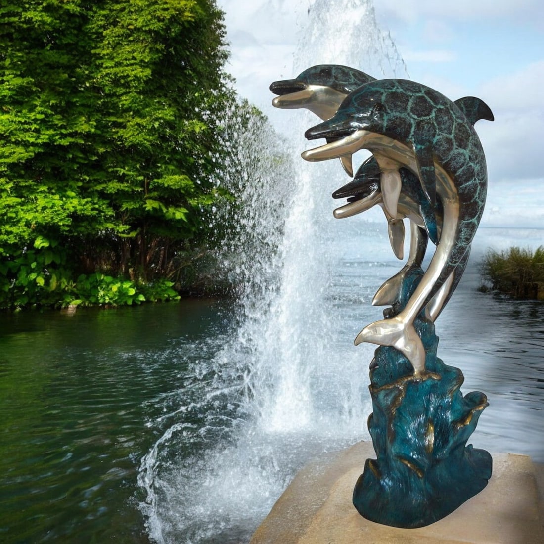 Three Dolphin Fountain Bronze Statue - Size: 21"L x 26"W x 45"H. - 3