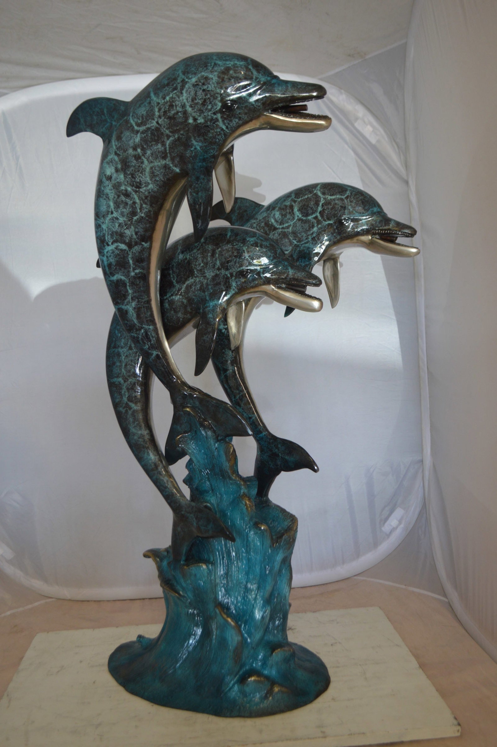 Three Dolphin Fountain Bronze Statue - Size: 21"L x 26"W x 45"H. - 5