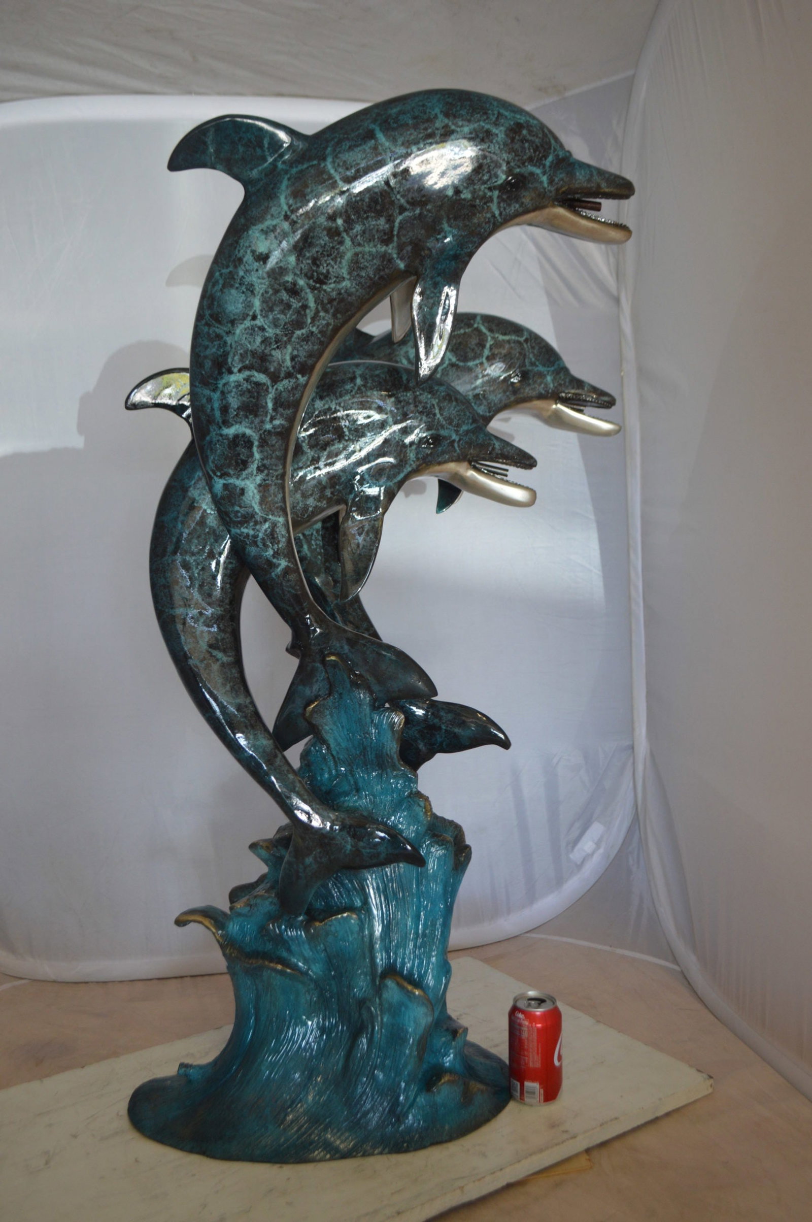 Three Dolphin Fountain Bronze Statue - Size: 21"L x 26"W x 45"H. - 6