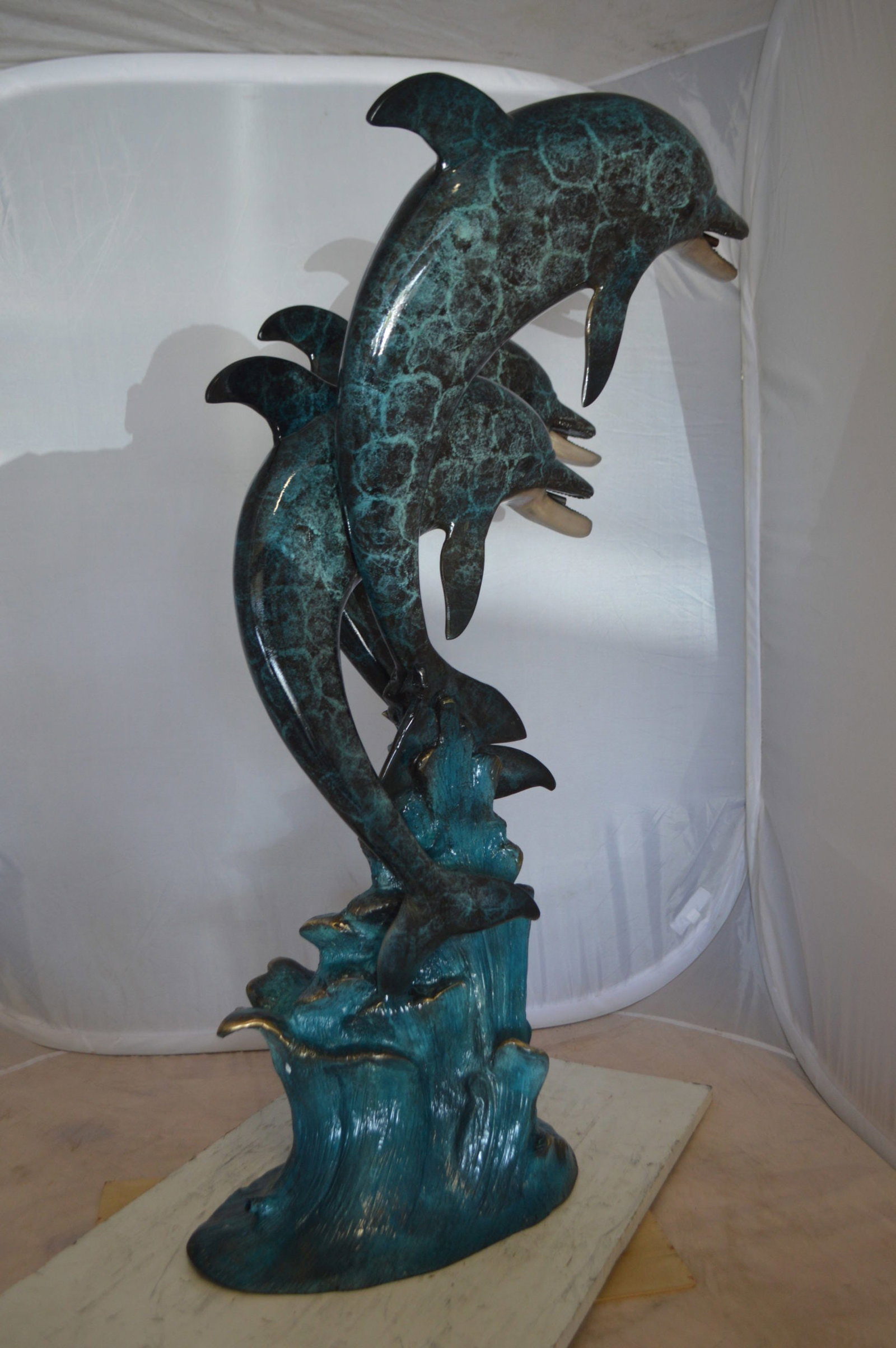 Three Dolphin Fountain Bronze Statue - Size: 21"L x 26"W x 45"H. - 7