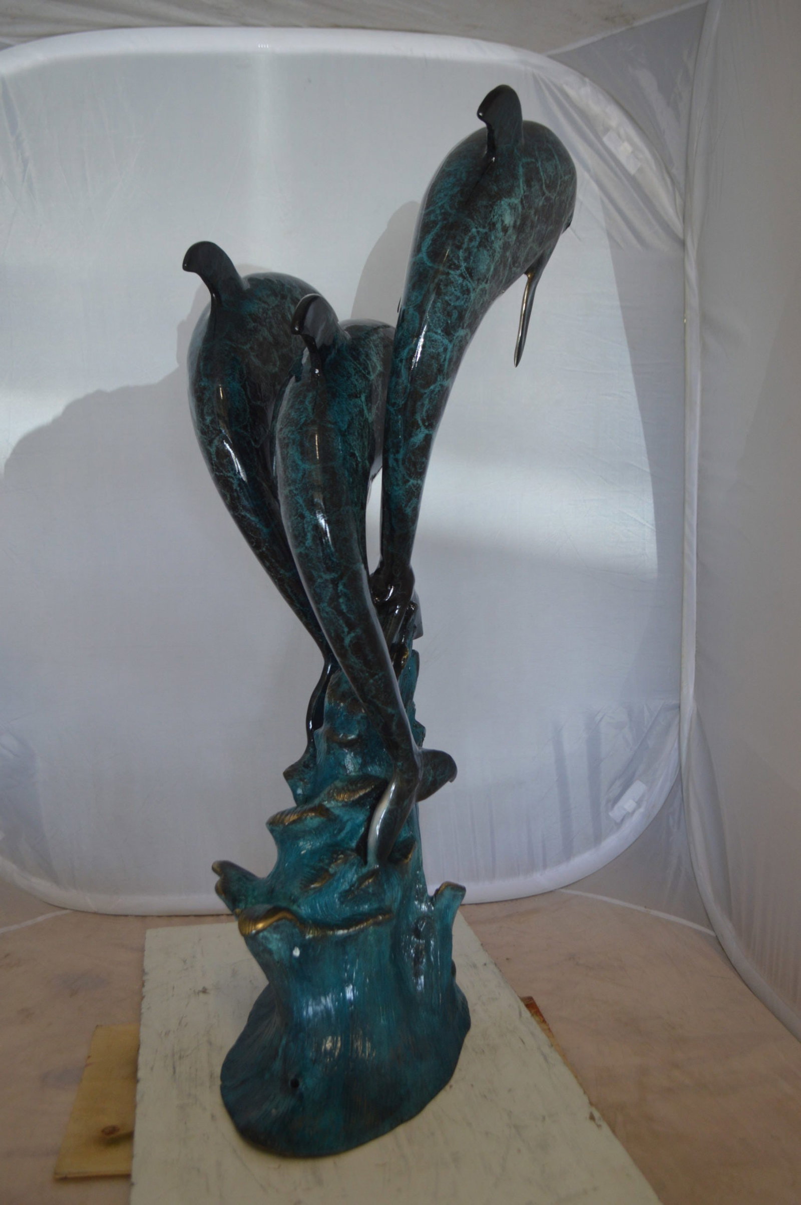 Three Dolphin Fountain Bronze Statue - Size: 21"L x 26"W x 45"H. - 8
