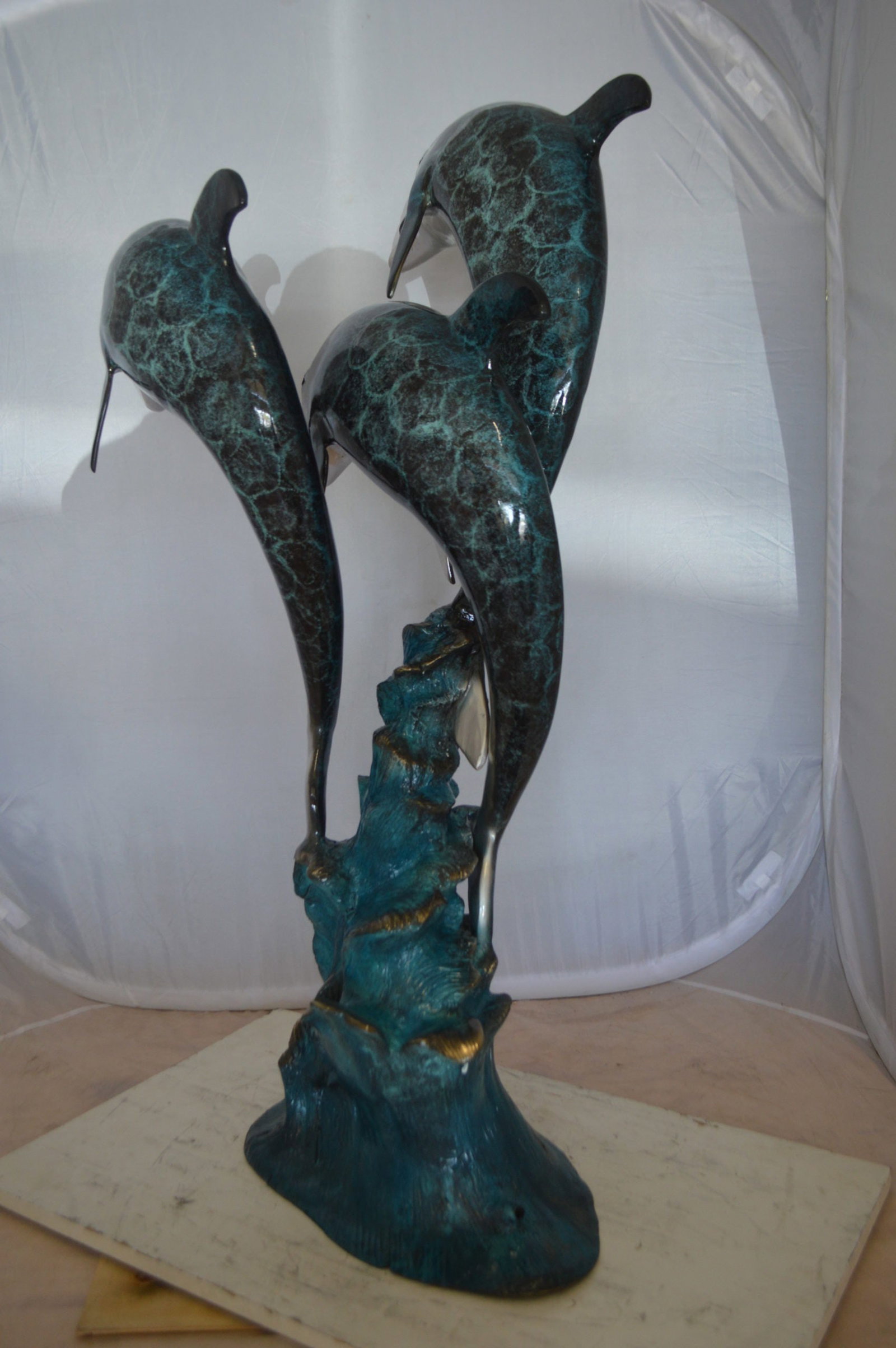Three Dolphin Fountain Bronze Statue - Size: 21"L x 26"W x 45"H. - 9
