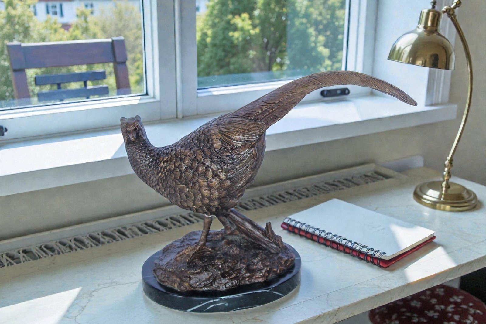 Pheasant Bird Bronze statue mounted on a Marble Base 14" x 6" x 10"H - 2
