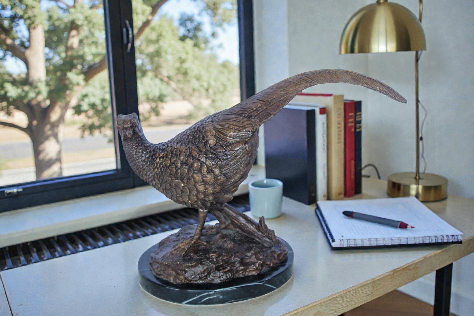 Pheasant Bird Bronze statue mounted on a Marble Base 14" x 6" x 10"H - 3