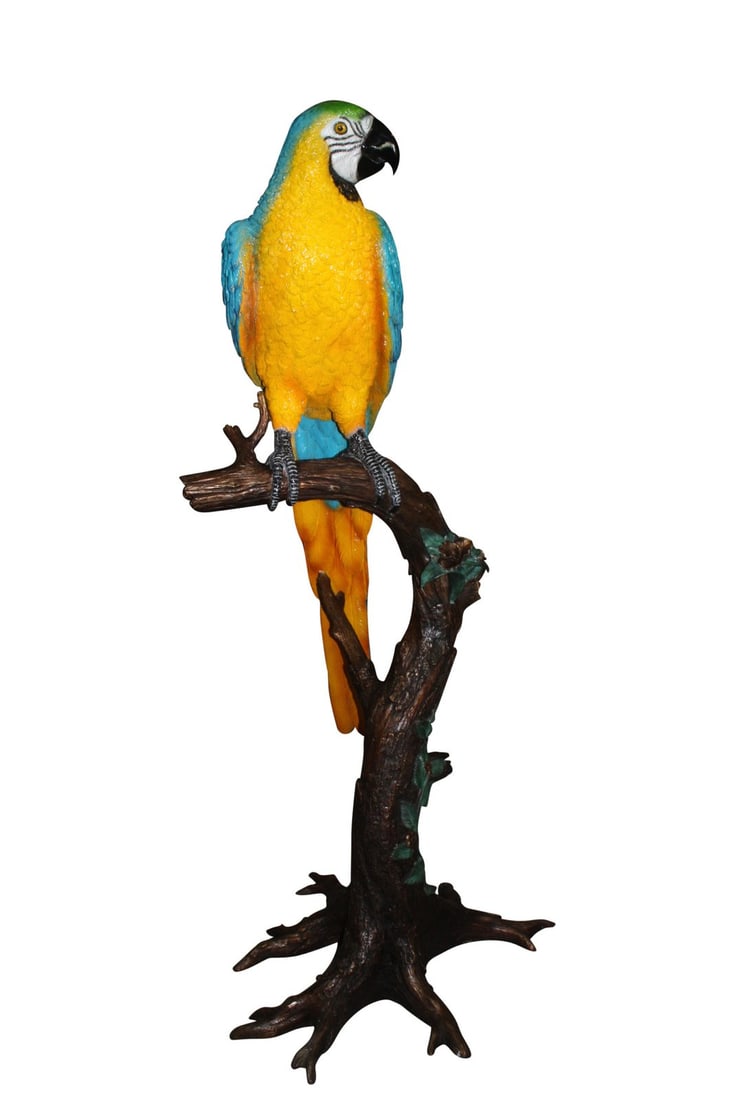 Bronze Single Parrot On A Tree Statue: Title:Bronze Single Parrot On A Tree Statue Description:A life-size parrot made of bronzed metal perched on a stand with hand-painted finish. This extraordinary sculpture features a realistic tree