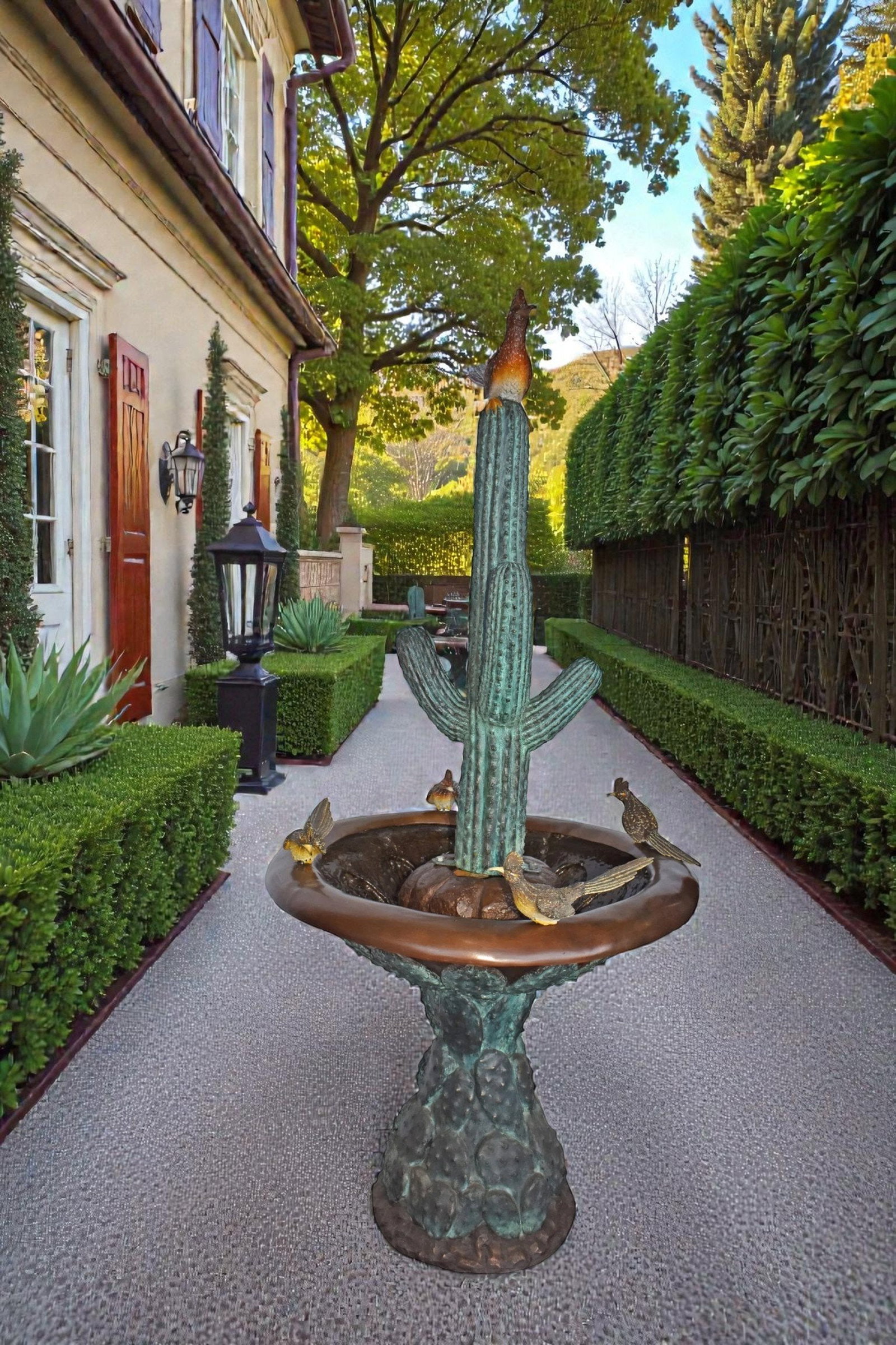 Birdbath With Five Roadunner Birds Bronze Statue - Size: 31" x 31" x 67"H - 2