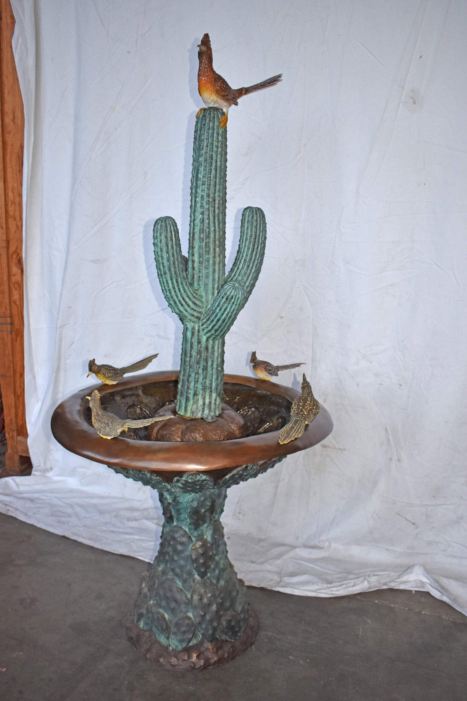 Birdbath With Five Roadunner Birds Bronze Statue - Size: 31" x 31" x 67"H - 5