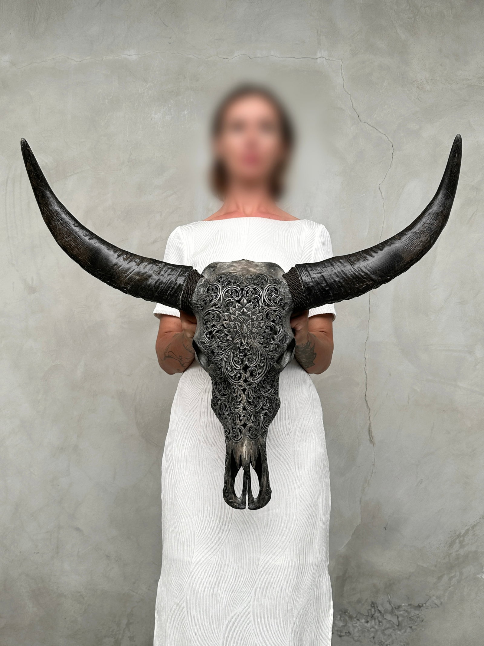 Grey water buffalo skull - Lotus motif: Title: Grey water buffalo skull - Lotus motif Maker:Unknown Origin: Indonesia Date/Period:2026 Materials:Bubalus bubalis, Bone, Horn, turquoise gemstones Dimensions:Height: 70 cm / 27.5 inches Width: 